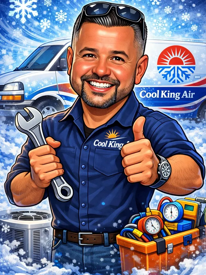 The Cool King Air mascot: a smiling technician giving a thumbs up